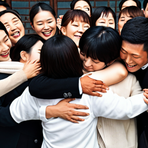 Home 4 ** A diverse group of people warmly embracing and supporting each other, symbolizing the initial appeal and sense of belonging that Shincheonji offers.
**