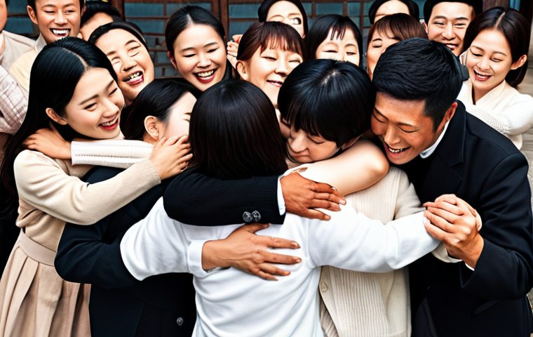 ** A diverse group of people warmly embracing and supporting each other, symbolizing the initial appeal and sense of belonging that Shincheonji offers.
**